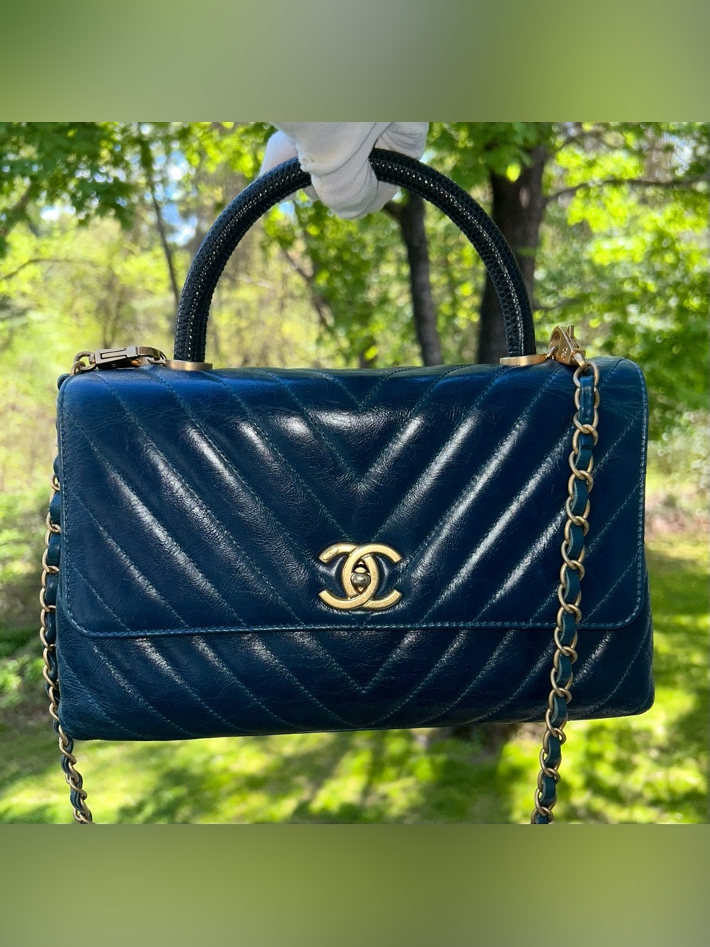 CHANEL Medium Coco Top Handle Bag Chevron Quilted Calfskin w/ Lizard Handle Blue